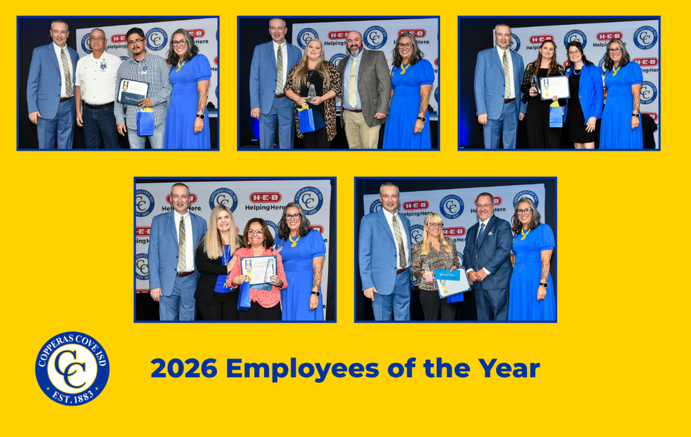 Graphic with CCISD logo. 2026 Employees of the Year. Includes photos of each awardee with their supervisor, HEB representative and Superintendent