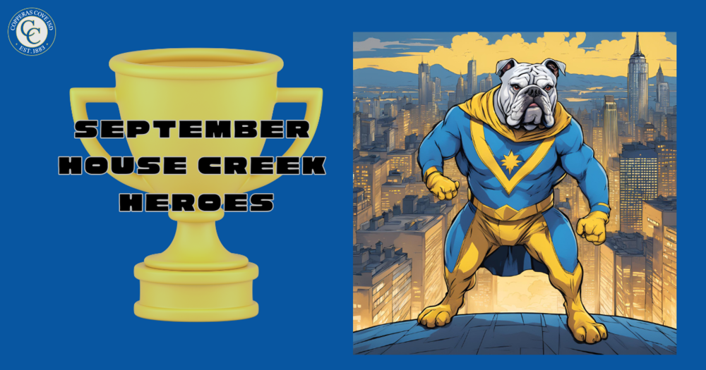 CCISD Logo September House Creek Heroes and a bulldog graphic.