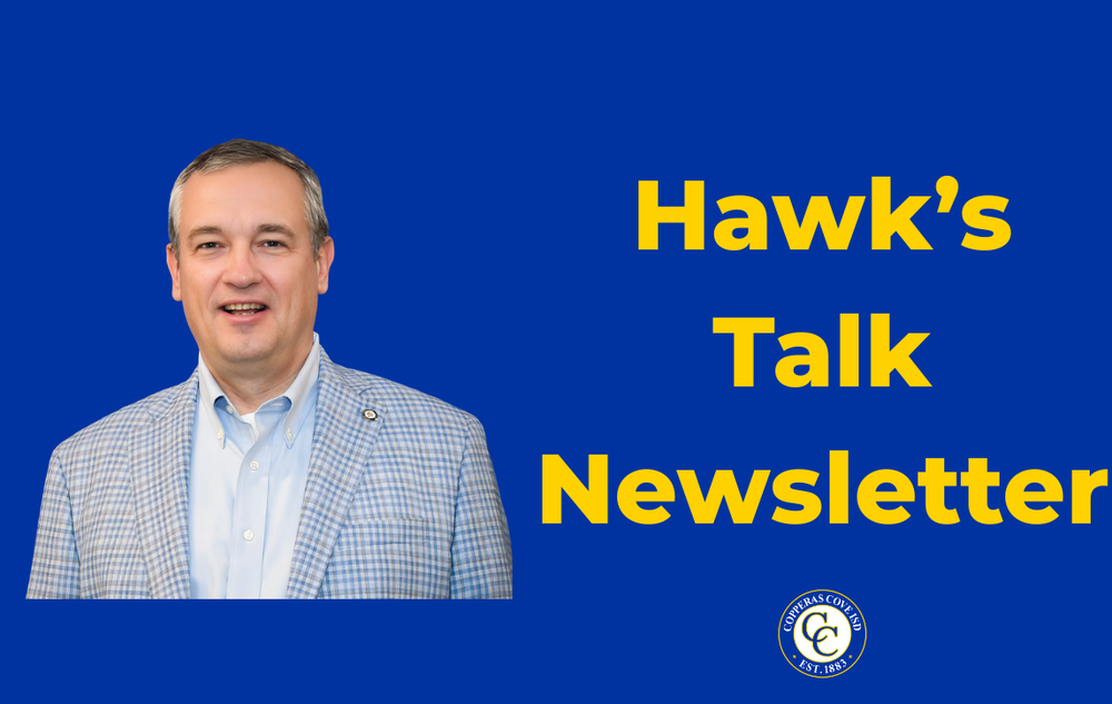 Graphic with CCISD logo. Hawk's Talk Newsletter. Includes headshot of Dr. Brent Hawkins
