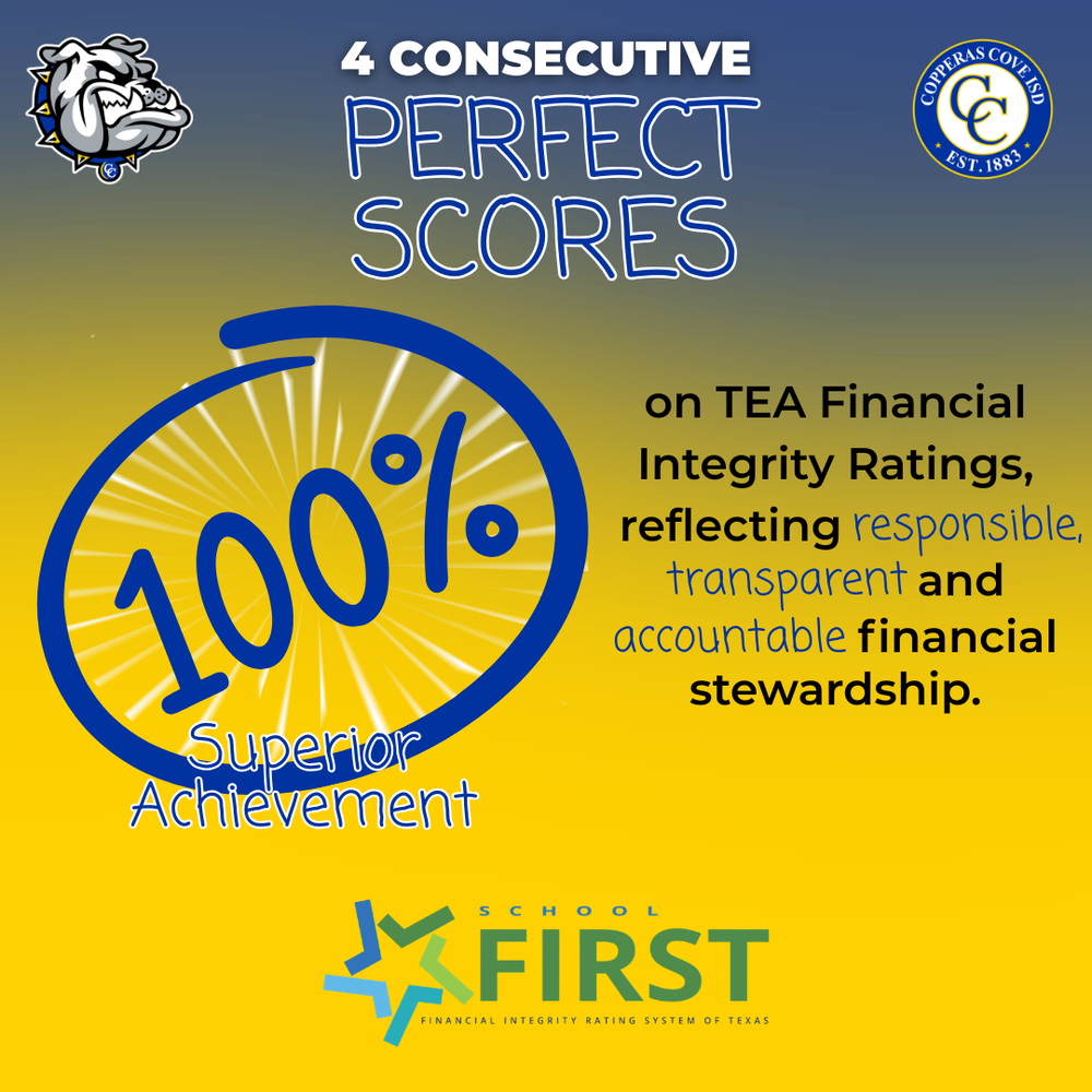 Graphic with CCISD logo, Bulldawg logo. 4 consecutive perfect scores on TEA Financial Integrity Ratings, reflecting responsible, transparent and accountable financial stewardship. 100% Superior Achievement. School Financial Integrity Rating System of Texas icon on bottom.