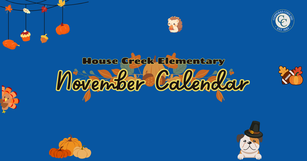 House Creek Elementary  November Calendar graphic with CCISD logo
