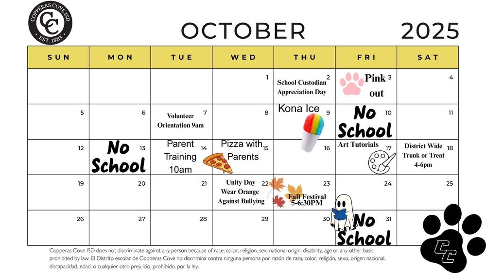 October 2025 Calendar with CCISD logo. Events outlined below