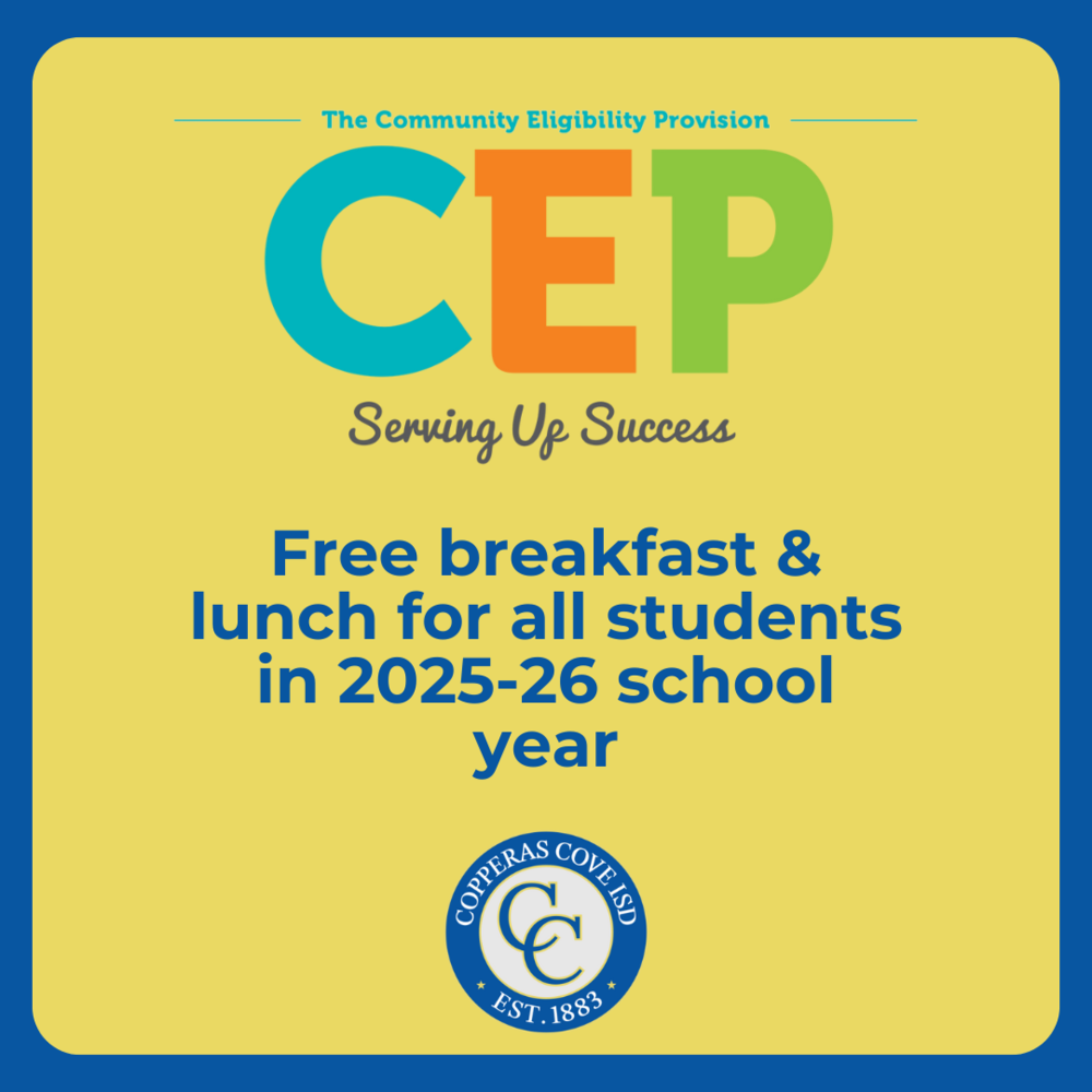 Graphic with CCISD logo, USDA Community Eligibility Provision logo. Free breakfast & lunch for all students in 2025-26 school year