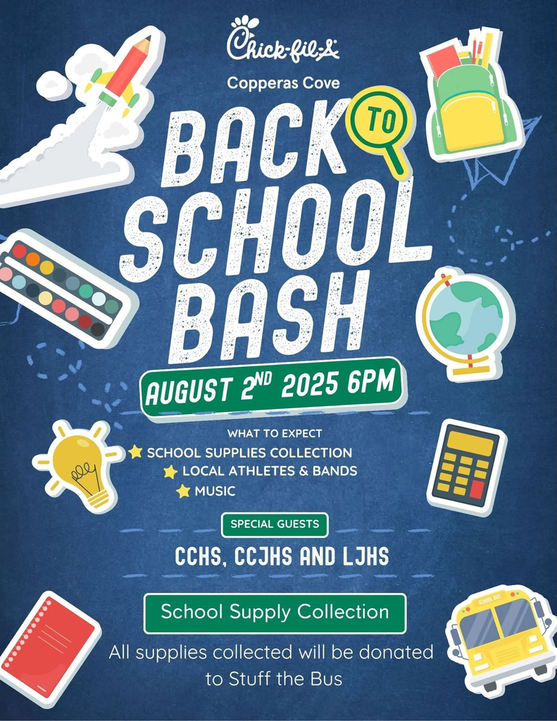 chick fil a back to school bask august 2 2025 6pm. school supplies collectsion, local athletes, music, cchs ccjhs ljhs school supplies will go to stuff the bus