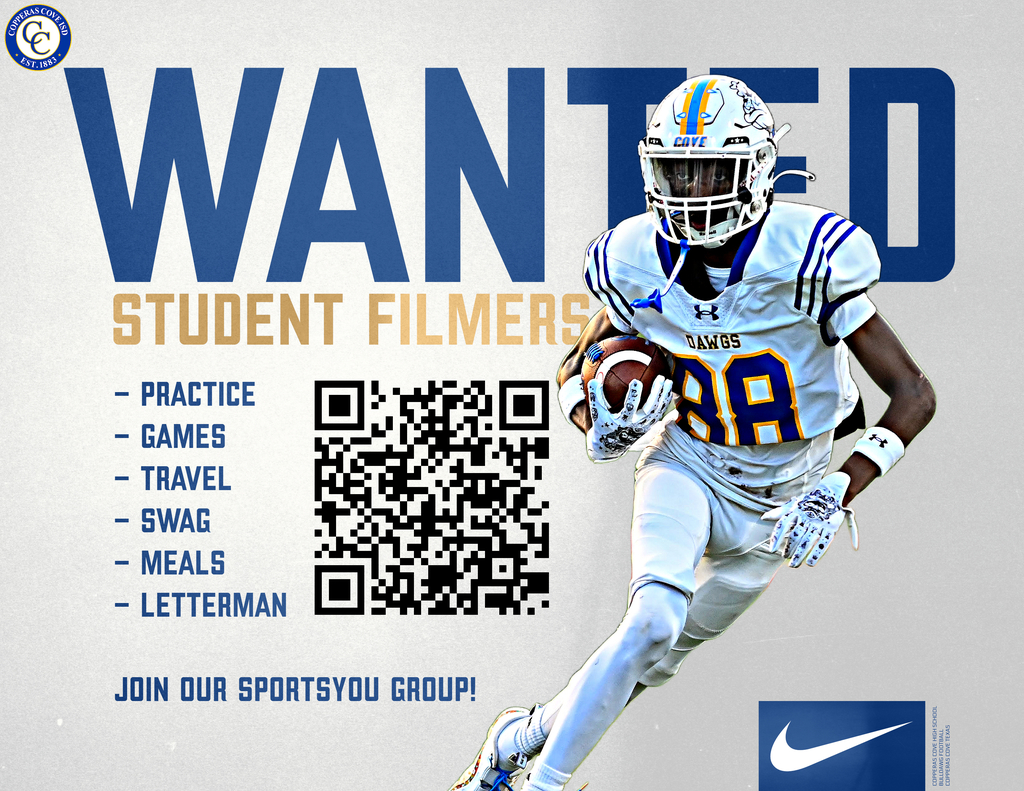 Now Recruiting Student Filmers    Open to all high school students!    Opportunities include:    - Filming practices and game days  - Working with Hudl video system  - Travel with the team  - Meals provided  - Team gear and Letterman eligibility    First Meeting: Friday, August 8th  Time: 10:00 PM  Location: High School Football Annex
