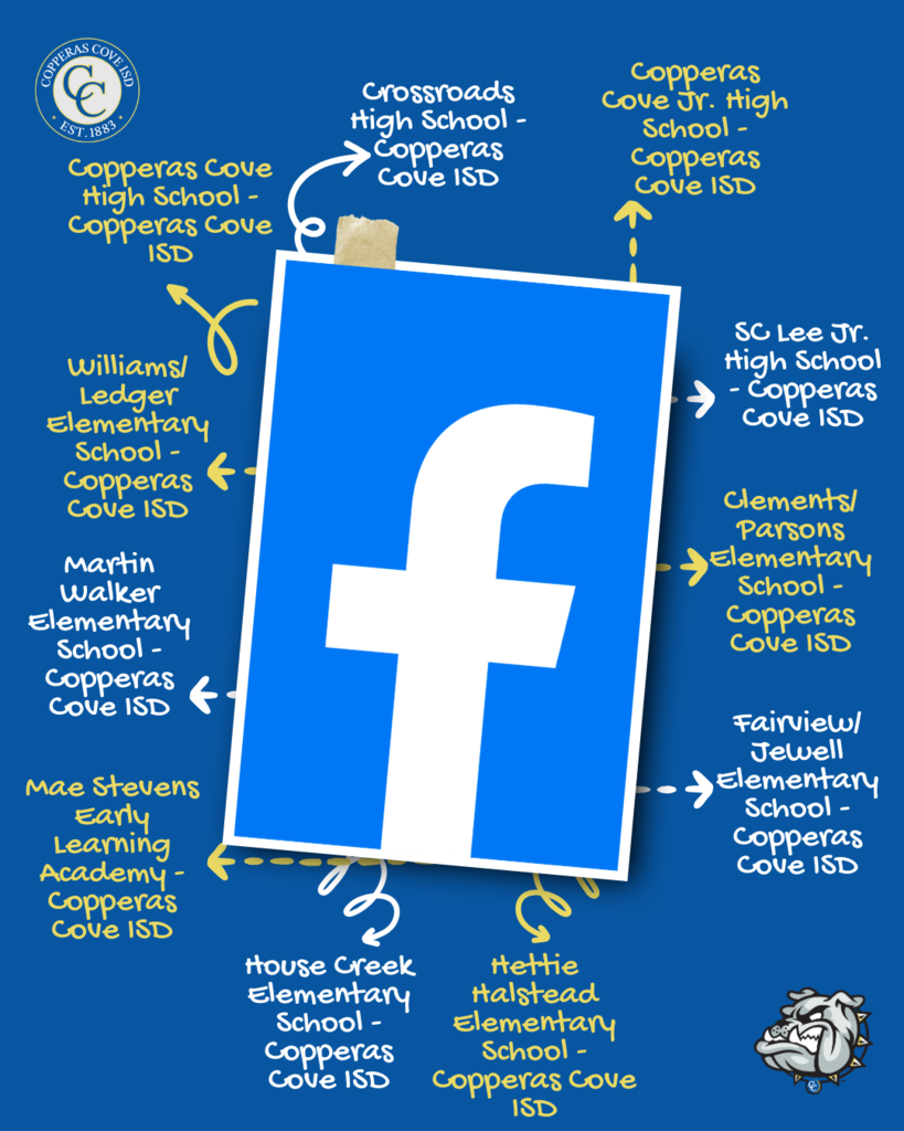 Graphic with CCISD logo. Facebook logo in center with list of campus page names around Facebook logo.