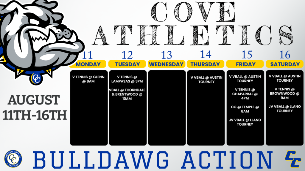 11-Aug Leander Glenn V Leander Glenn 8am 12-Aug Lampasas V Lampasas 3pm 12-Aug Thorndale / Brentwood 9 JV V Thorndale TBD 14-Aug Austin Tourney V Bowie TBD 15-Aug Chaparral V Chaparral 4pm 15-Aug Temple Meet JV V Temple 8:00AM 15-Aug Austin Tourney V Bowie TBD 15-Aug Llano Tourney JV Llano TBD 16-Aug Brownwood V Brownwood 9am 16-Aug Llano Tourney JV Llano TBD 16-Aug Austin Tourney V Bowie TBD
