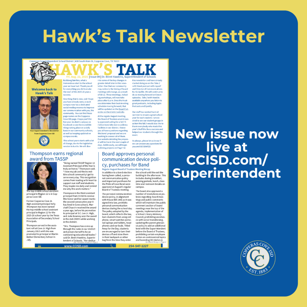 Graphic with CCISD logo. Hawk's Talk Newsletter. New issue now live at CCISD.com/Superintendent. Includes still image of first page of newsletter.