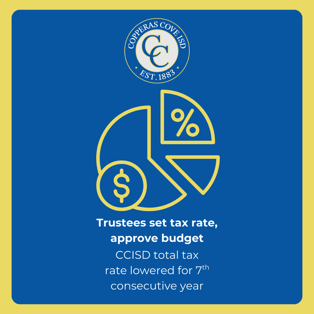 Graphic with CCISD logo. Trustees set tax rate, approve budget. CCISD total tax rate lowered for 7th consecutive year.