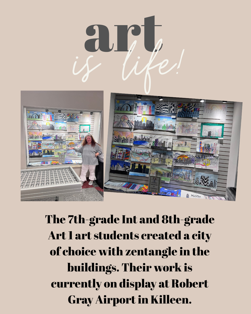 photos of Elena Abercrombie and CCJHS student artwork