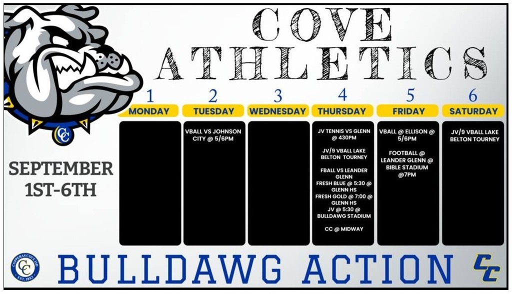Graphics/Design Elements: Left side: Large gray/white bulldog head (mascot) outlined in black with spiked collar; blue “CC” on the collar tag. Bottom left: Small circular Copperas Cove ISD logo (“CC” with text “COPPERAS COVE ISD • EST. 1883”). Background: White with black border. Yellow header bars above each weekday. Blue text and accents throughout. Text: COVE ATHLETICS SEPTEMBER 1ST–6TH MONDAY (1) (Black box, no events listed) TUESDAY (2) VBALL vs Johnson City @ 5/6PM WEDNESDAY (3) (Black box, no events listed) THURSDAY (4) JV Tennis vs Glenn @ 4:30PM JV/9 VBall Lake Belton Tourney FBall vs Leander Glenn Fresh Blue @ 5:30 @ Glenn HS Fresh Gold @ 7:00 @ Glenn HS JV @ 5:30 @ Bulldawg Stadium CC @ Midway FRIDAY (5) VBALL @ Ellison @ 5/6PM Football @ Leander Glenn @ Bible Stadium @ 7PM SATURDAY (6) JV/9 VBall Lake Belton Tourney Bottom Banner: BULLDAWG ACTION (large blue text) Yellow interlocking “CC” logo (bottom right).
