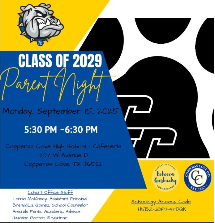 You are correct! My apologies. I was using a transcription from a previous image and made an error. Here is the corrected transcription from the flyer you provided, which is for the Class of 2029 Parent Night. Class of 2029 Parent Night Thursday, February 2, 2023 6:00 PM CHS Auditorium Meet the Counselors Learn about high school graduation requirements Learn about pathways to college and careers Tour the campus Door Prizes! Contact CHS Counselors for questions 254-547-2574 www.ccisd.com/chs Copperas Cove High School Counselors Graphic of CHS logo with the words "Copperas Cove High School" Light blue border with a graphic of a moon and stars at the bottom of the page