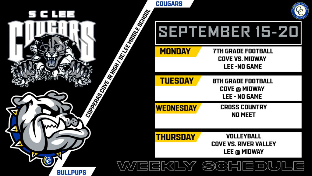 ccisd jr high weekly schedule monday 7th football cove vs midway lee no game. tuesday cove at midway lee no game. wed no cc meet. thurs cove vs river valley lee at midway