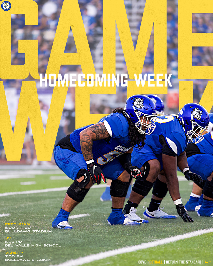 game week freshman at bulldawg stadium thurs 5/630, Jv at del Valle at 530. Varsity 7pm at bulldawg stadium 
