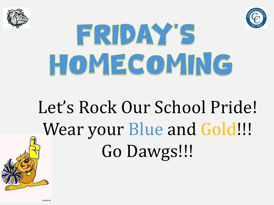 A poster stating: Hey CCJHS!!  Friday is Homecoming.  Let's show our school pride!  Wear your BLUE and Gold!!  Go Dawgs!