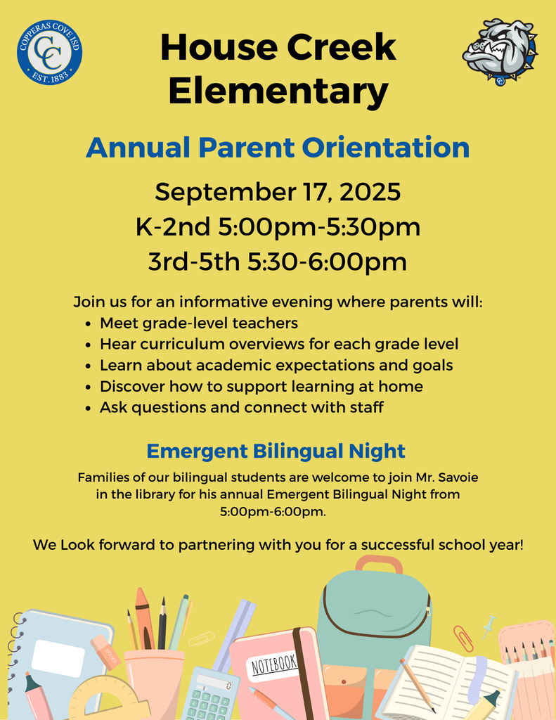 Annual Parent Orientation September 17, 2025 K-2nd 5:00-5:30pm 3rd-5th 5:30-6:00pm Join us for an informative evening where parents will: -Meet grade level teachers -Hear curriculum overviews for each grade level -Learn about academic expectations and goals -Discover how to support learning at home -Ask questions and connect with staff Emergent Bilingual Night will also be held this night with Mr. Savoie from 5:00-6:00pm in the library.
