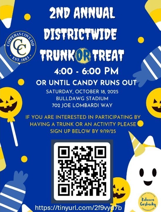 Text in body of post. Graphic design contains Halloween-themed clipart.  CCISD logo and Rebecca Garbacky logos.