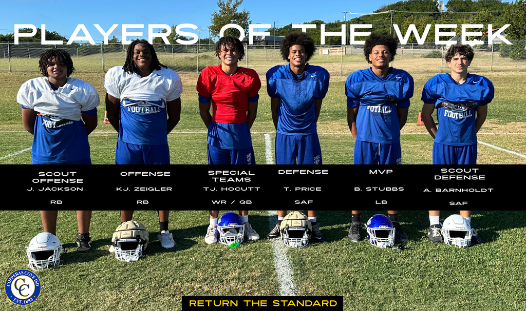 players of the week scout offense j jackson, offense kj aigler, special team tj hocutt, defense t price mvp stubbs scout defense a barnholt