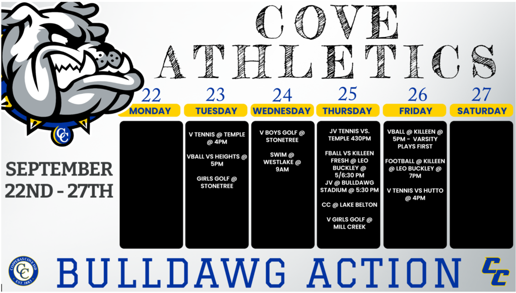 Graphic image of a schedule of athletic events with a Bulldawg logo and the seal of Copperas Cove High School Text in message body.