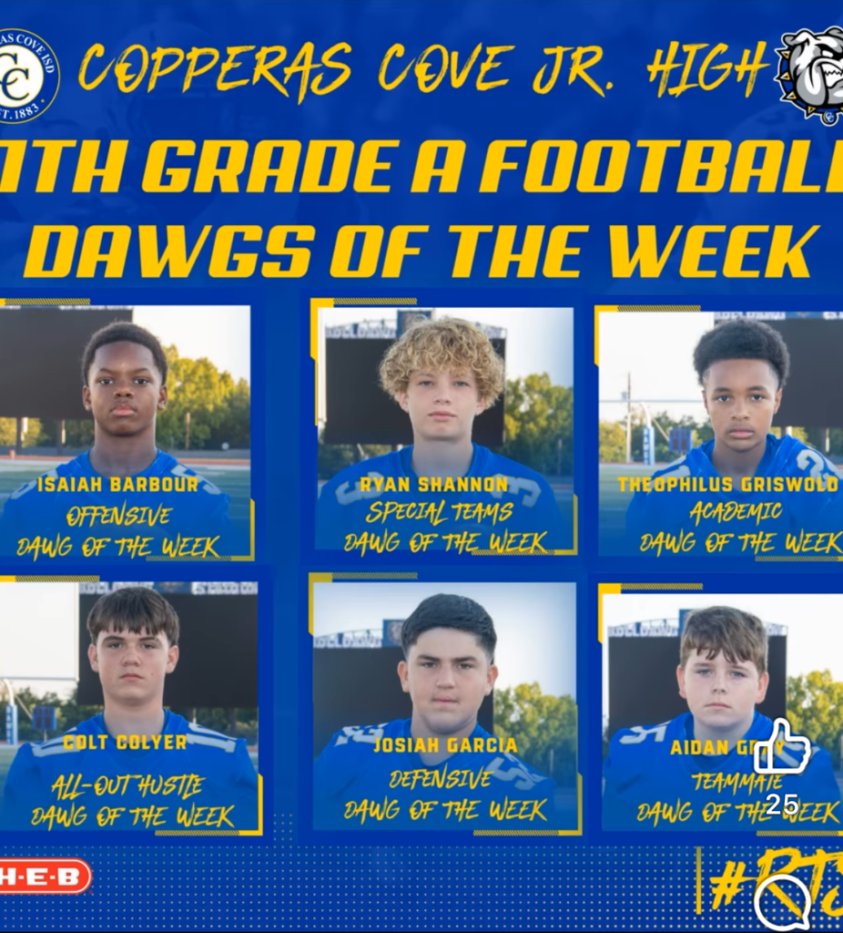 Photo of  7h grade A-team football players of the week- text is in the post