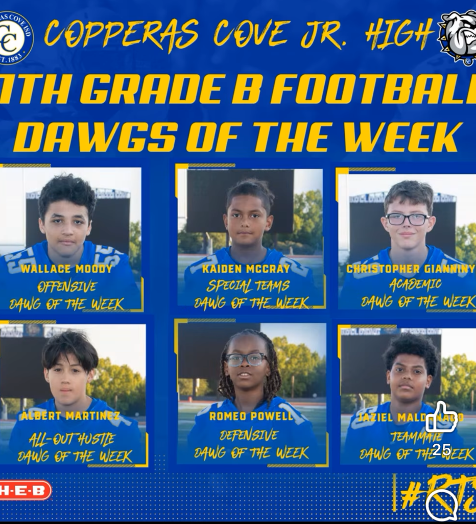 Photo of  7th grade  B-team  football players of the week- text is in the pos