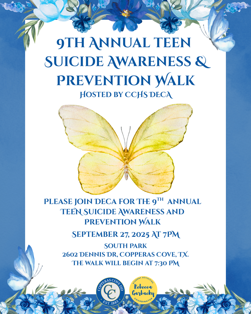 Graphic with a butterfly logo and the seal of Copperas Cove ISD and Rebecca Garbacky. Text in message body.