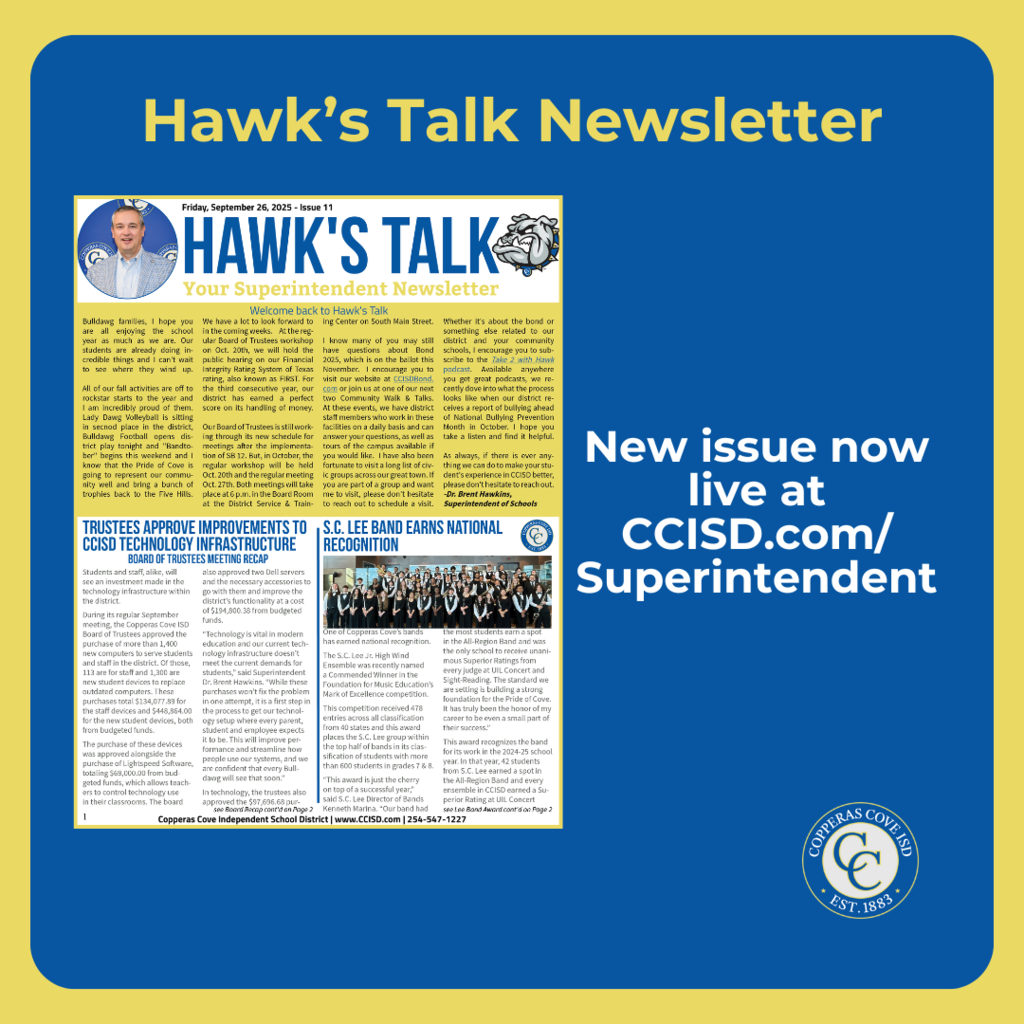 Graphic with CCISD logo. Hawk's Talk Newsletter. New issue now live at CCISD.com/Superintendent. Includes image of first page of newsletter.
