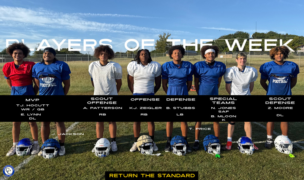 players of the week . mvp tj hocutt and E Lynn, scout offese a patterson offensive kj zeigler defensive stubbs special teams n jones and mloon, scout defense z moore