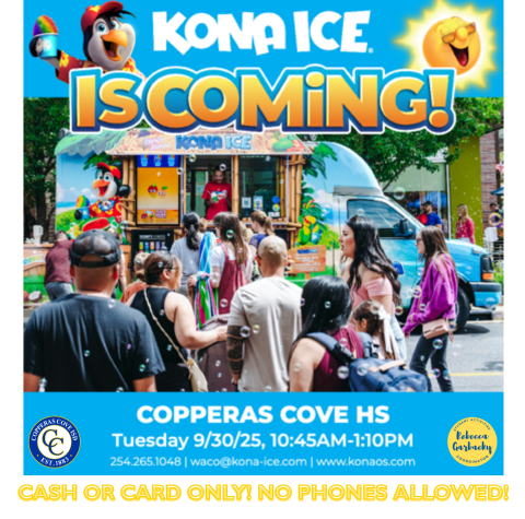Graphic design with a picture of KONA ICE truck. Text in message body.
