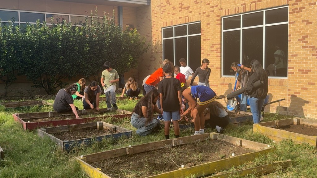 Students working on the gardens