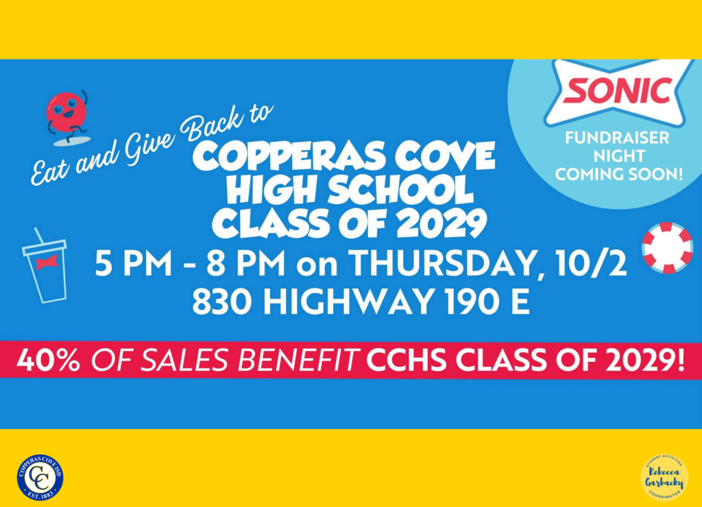 Graphic design with clipart. Logo of CCISD, Rebecca Garbacky, and Sonic. Text in message body.