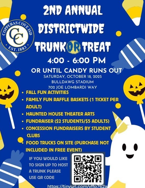 Graphic design with Halloween-themed clipart and a QR code. CCISD logo in top left corner. Text in message body.