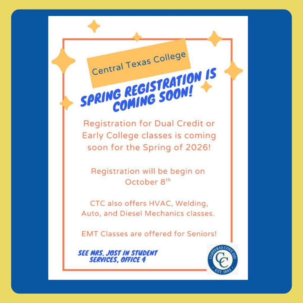 Graphic design with the seal of Copperas Cove High School. Text in message body.
