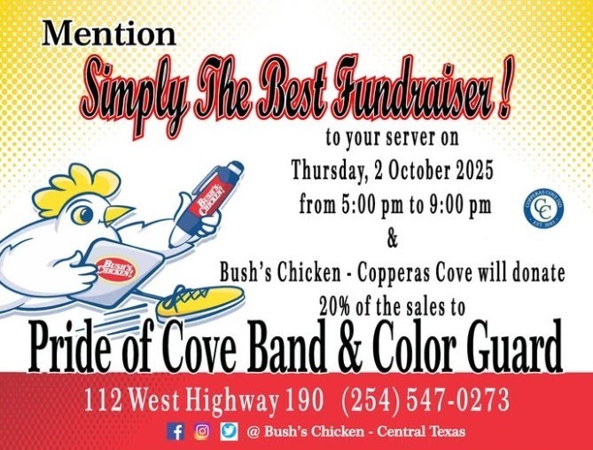 Graphic design with clipart of a cartoon chicken taking a food order, along with the CCISD logo. Flyer text in body.