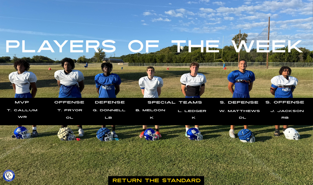players of the week mvp callium, offensive pryor, defensive donnell, speical team ledger malooney, offensive matthews defensive jackson