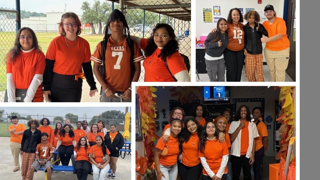 Pictures around campus of orange day decorations and participants.