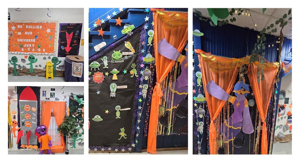 Pictures around campus of orange day decorations and participants.