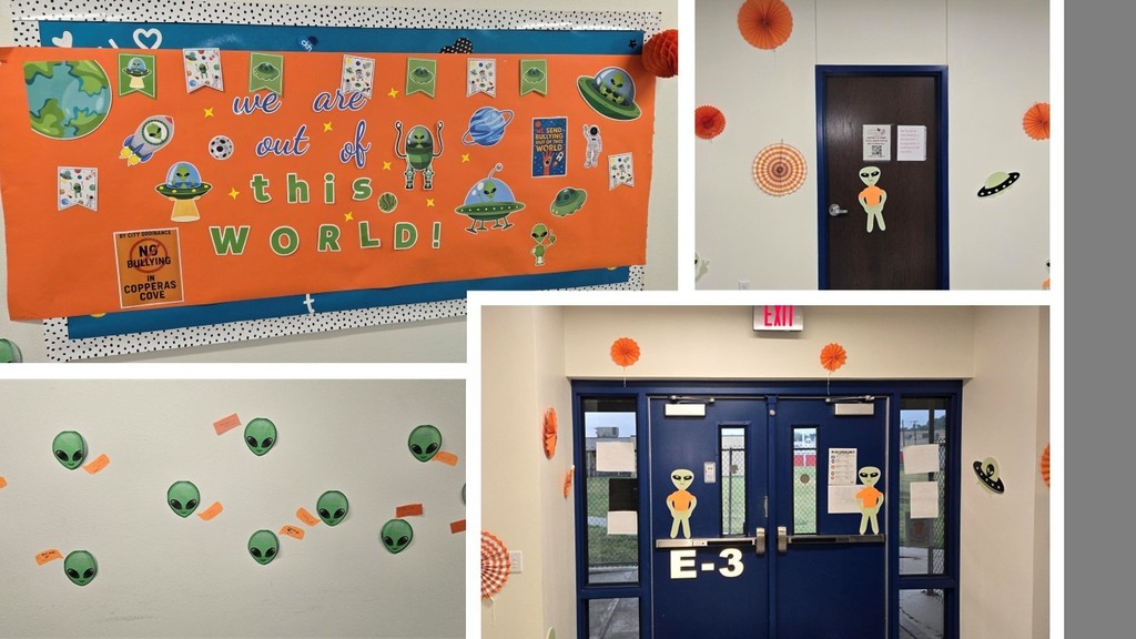 Pictures around campus of orange day decorations and participants.