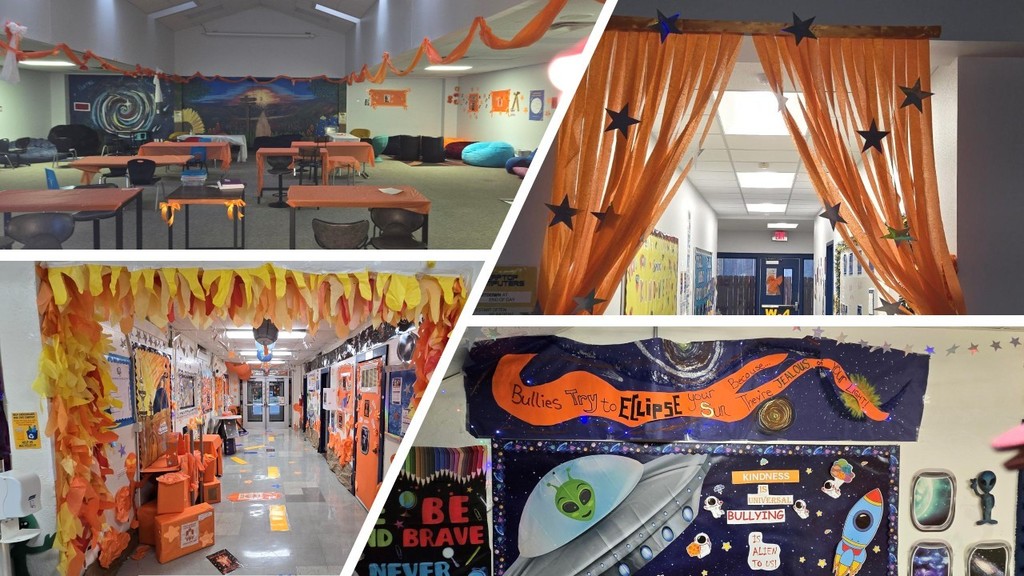 Pictures around campus of orange day decorations and participants.
