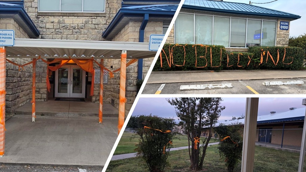 Pictures around campus of orange day decorations and participants.
