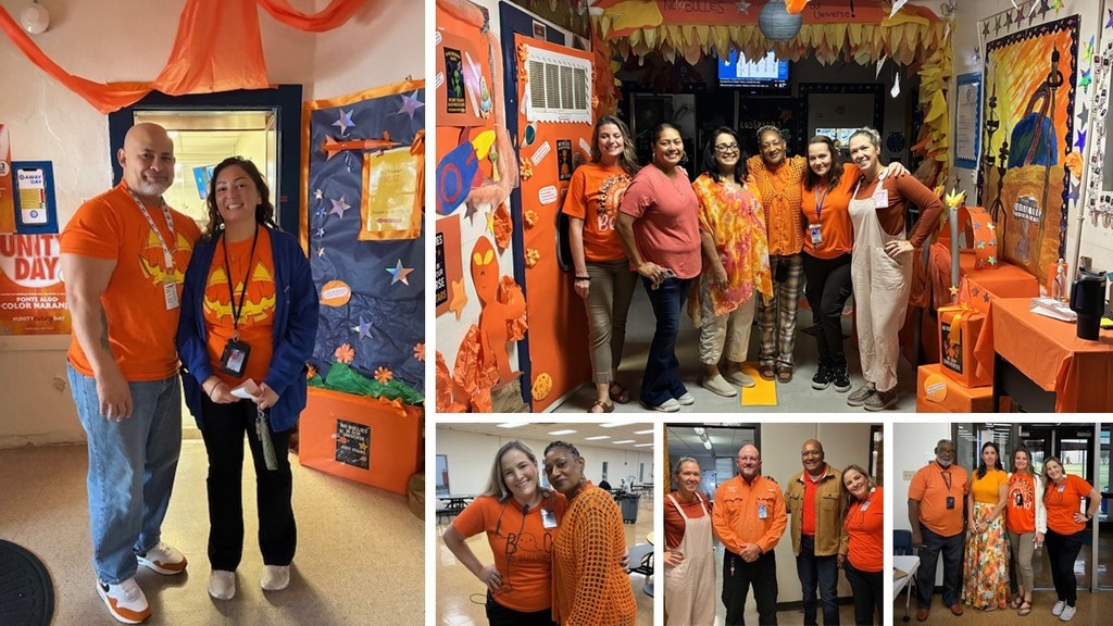 Pictures around campus of orange day decorations and participants.