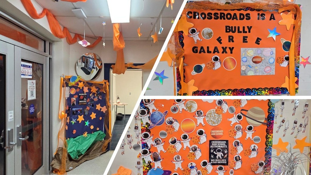 Pictures around campus of orange day decorations and participants.