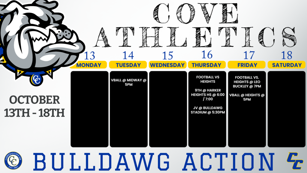 bulldawg action oct 13-18 tues vball at midway, thrus football vs heights 9 at heights hs at 6 and 7, jv at bulldawg at 530, friday football vs heights at leo buckley vball vs heights at 5pm
