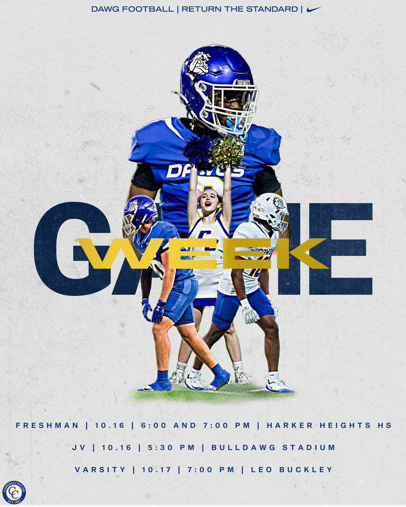 game week football vs heights freshman thursday at 6 and 7 at heights high school , JV 530 at bulldawg stadium , varsity 7pm at leo buckley
