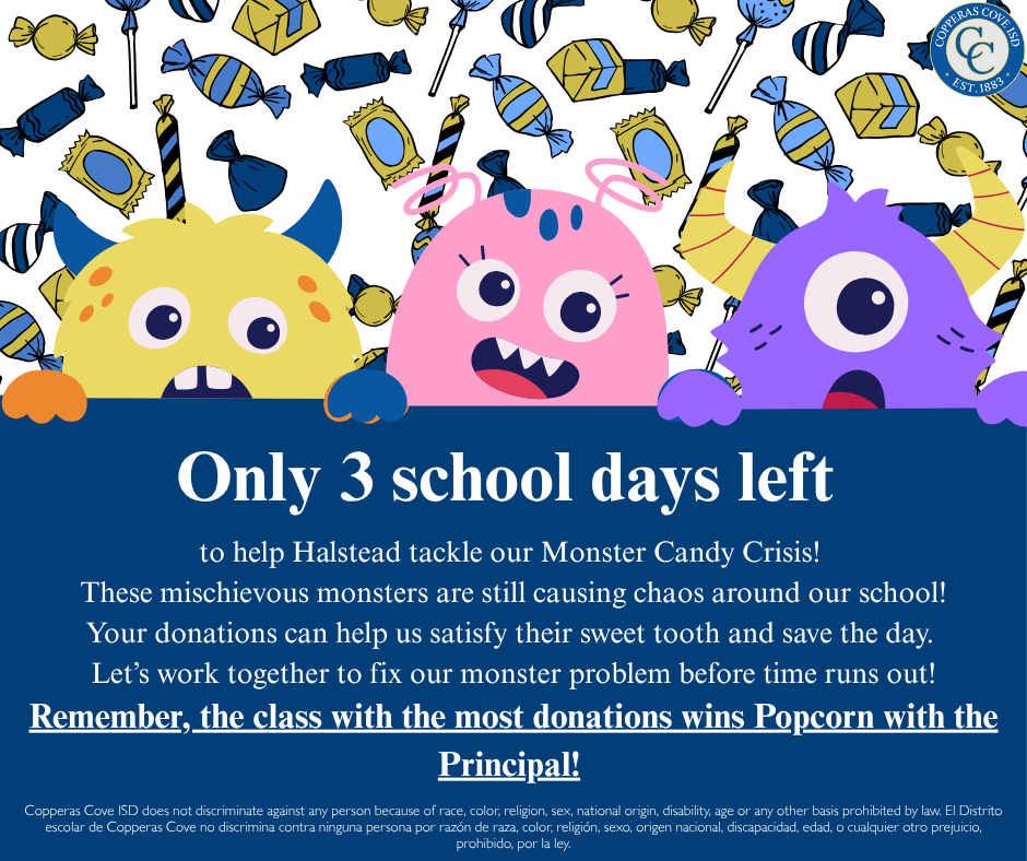 Monster candy drive flyer with CCISD logo details in caption