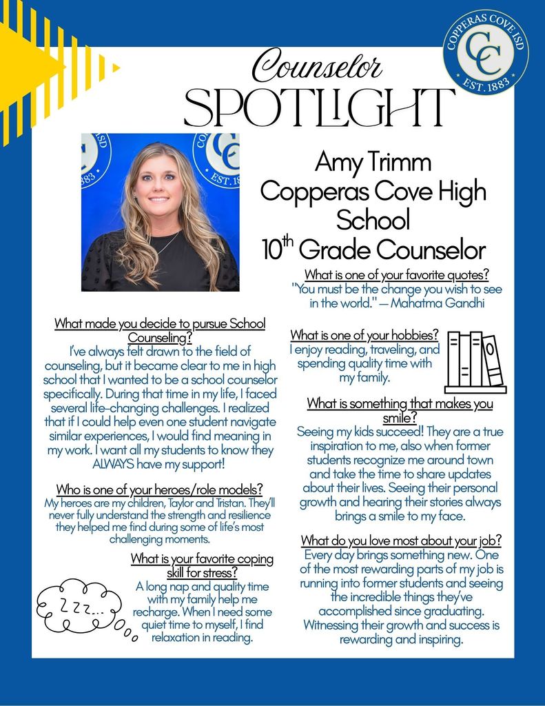 Graphic of 10th Grade CCHS Counselor Amy Trimm. Flyer text in message body.