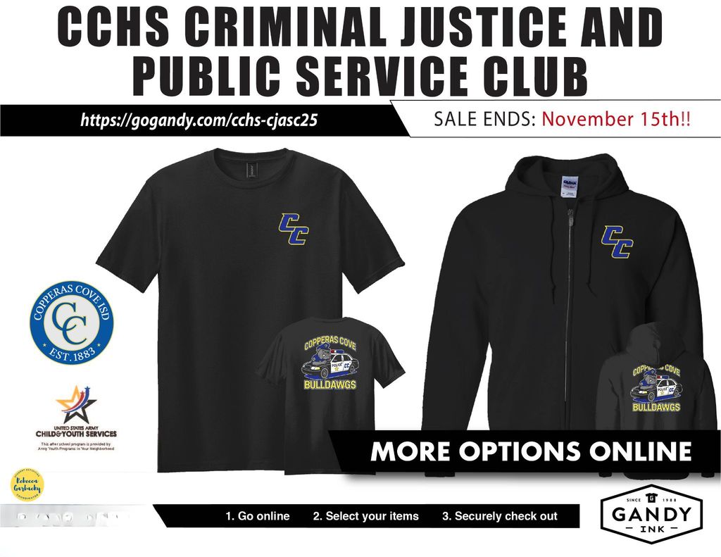 Graphic design with pictures of CCISD-branded clothing for sale.