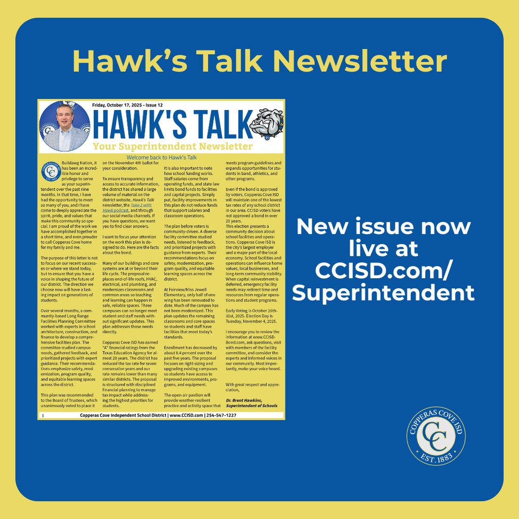 Graphic with CCISD logo. Hawk's Talk Newsletter. New issue now live at CCISD.com/Superintendent. Includes still image of first page of newsletter.