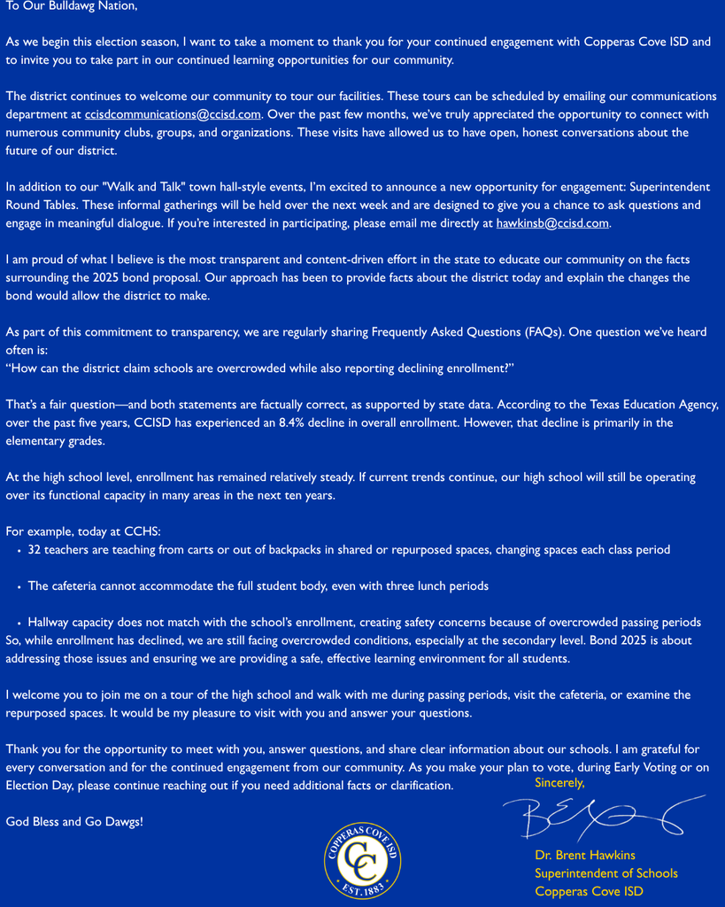 Graphic with CCISD logo. Letter from superintendent linked in post.