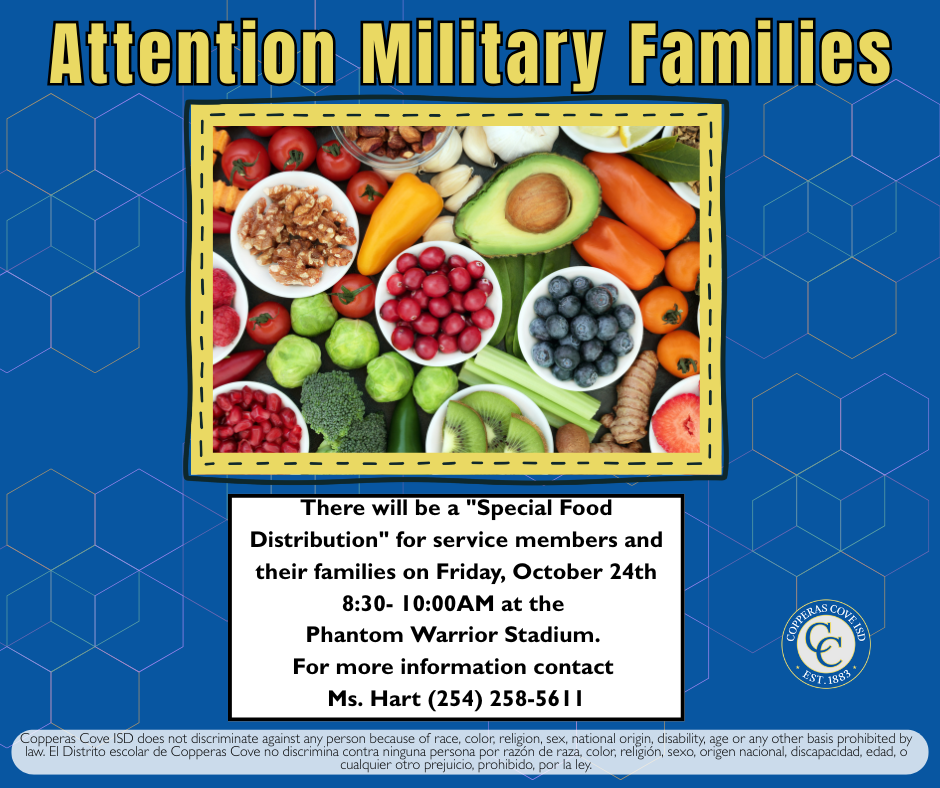 Food distribution flyer with CCISD logo details in caption